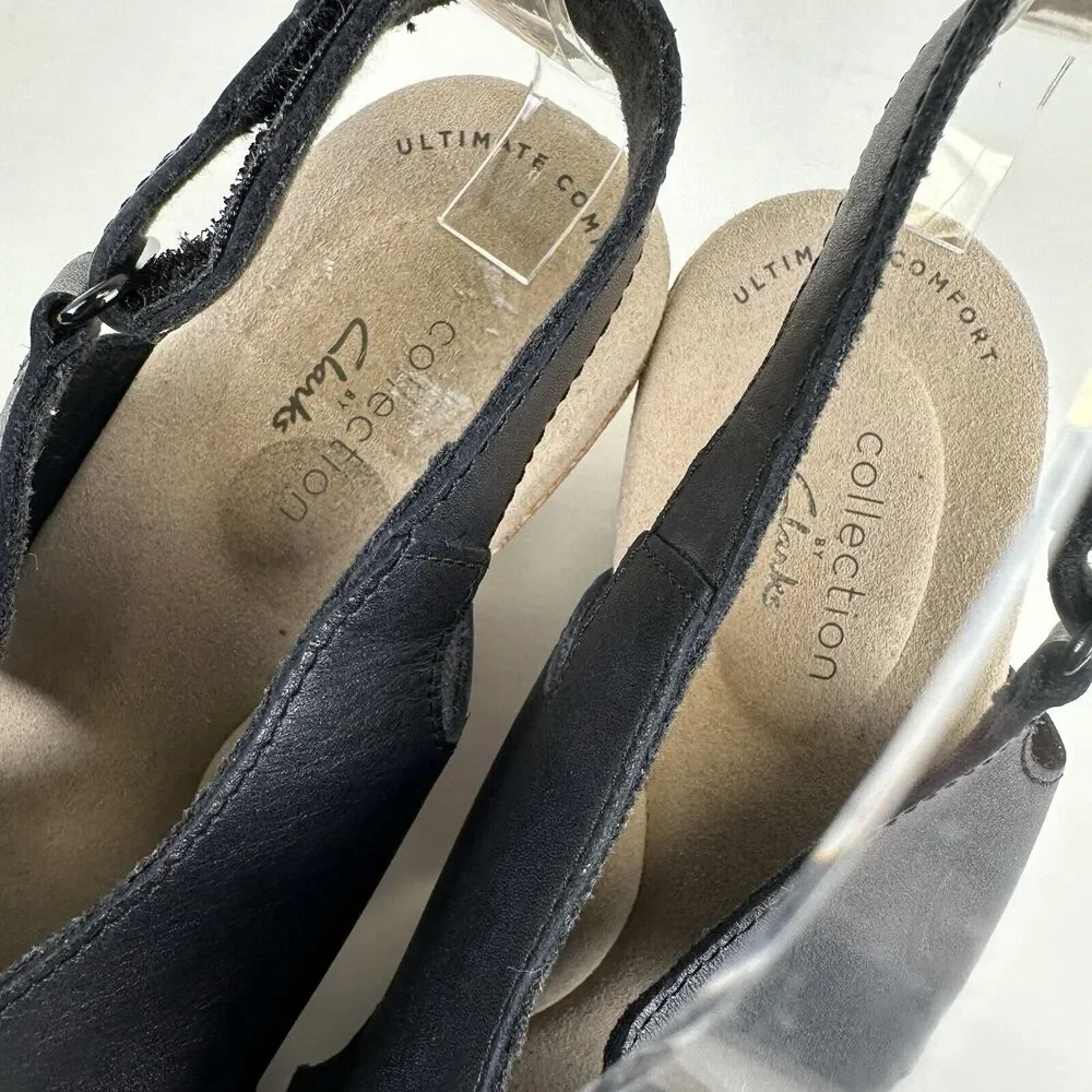 Clarks Lafley Joy Black Lasercut Cork Wedge Heel Sandal Comfort‎ Shoe Size 9 M